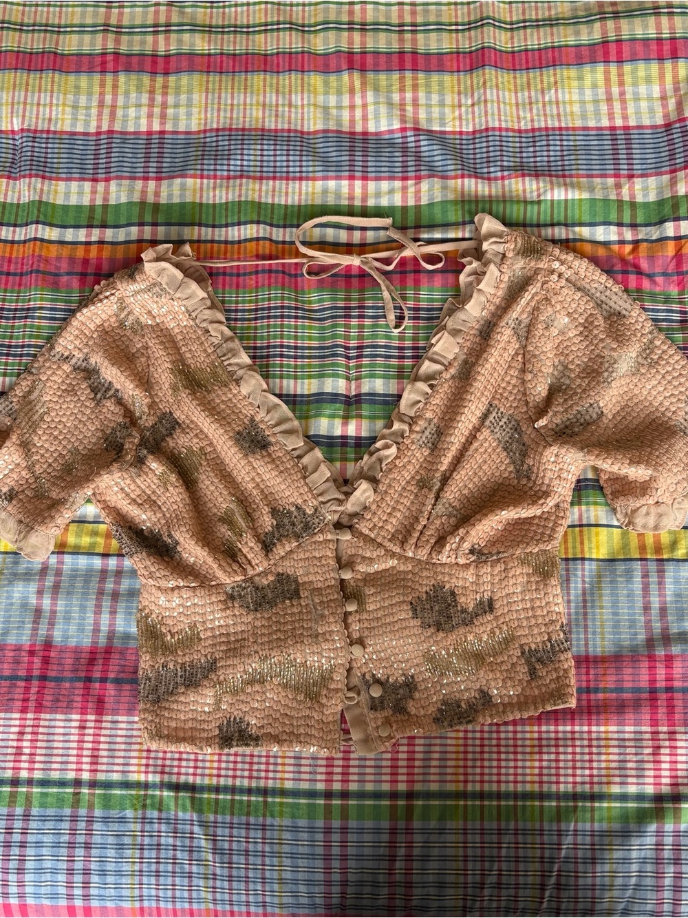 Beige Sequin Ruffle-Trim V-Neck Crop Top